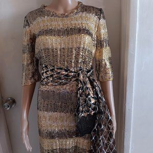 Oscar de la Renta  Gold Striped Bodycon Glitter Wool Crocheted Dress size us  10